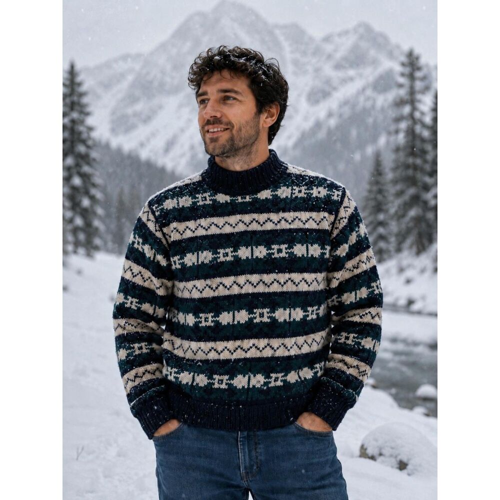 Vintage Purple Mountain Men's Sweater Nordic Fair Isle 100% Wool Heavy M/L